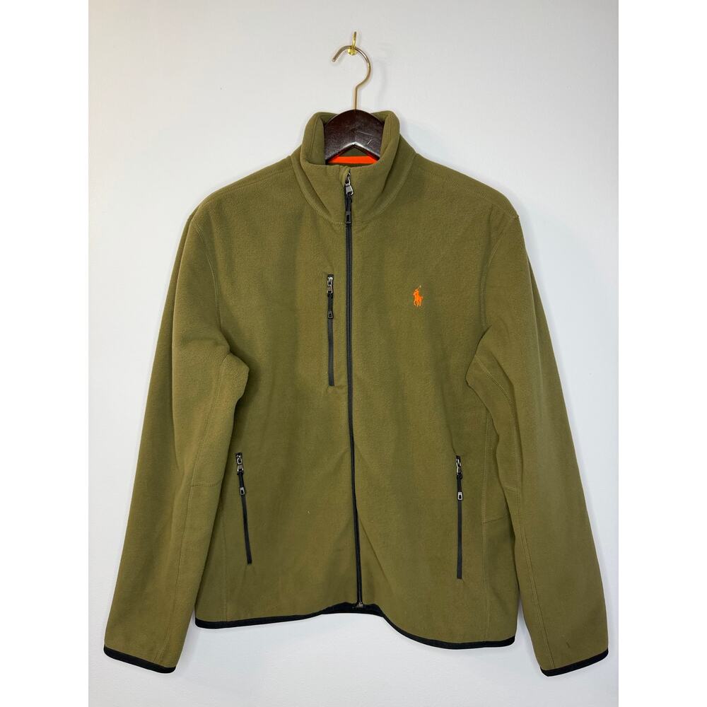 Polo Ralph Lauren Performance Olive Green Fleece Jacket Zip Orange Pony Men's M - Picture 6 of 10